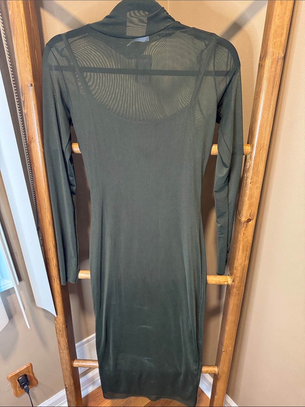 vestique Olive Green Long Sleeve Sheer Yoke Bodycon Dress